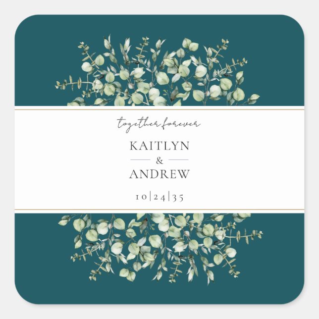 Sticker Carré Teal Eucalyptus Together Forever Wedding  (Devant)