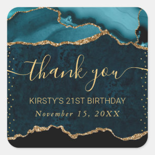 Sticker Carré Teal & Or Faux Pailletage Anniversaire Marbre D'ag