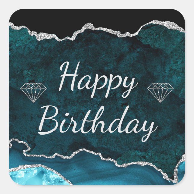 Sticker Carré Teal & Paillettes d'Argent Agate Joyeux Anniversai (Devant)