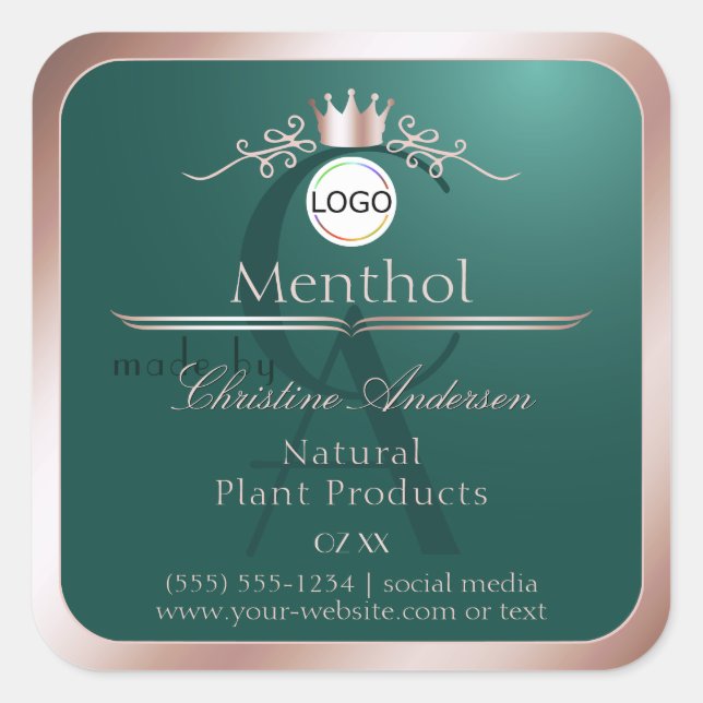 Sticker Carré Teal Product Label Rose Gold Frame Logo Monogram (Devant)