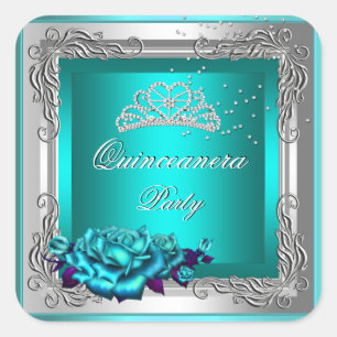 Sticker Carré Teal Silver Roses Quinceanera 15e anniversaire