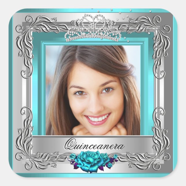 Sticker Carré Teal Silver Roses Quinceanera 15e anniversaire (Devant)