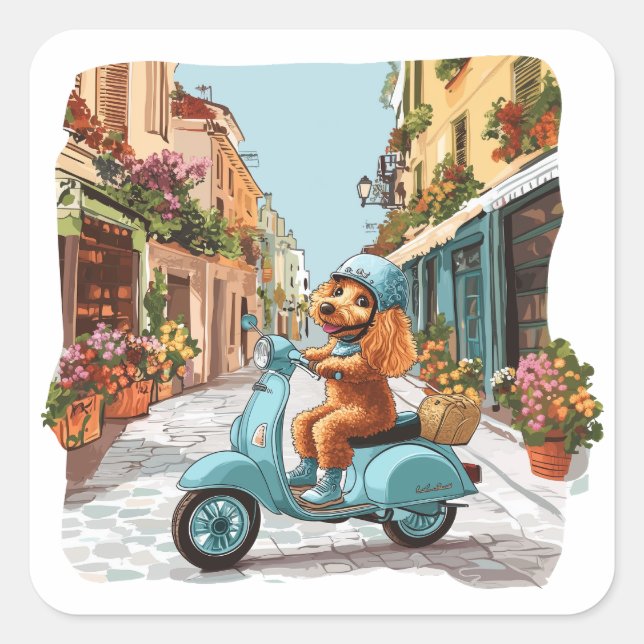 Sticker Carré Teckel standard montant sur un scooter (Devant)
