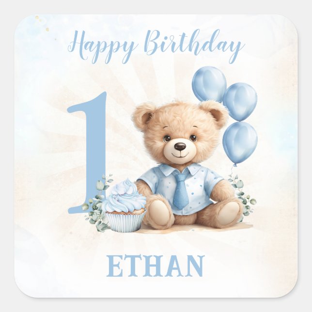 Sticker Carré Teddy Bear Anniversaire Garçon Bleu Bleu Bleu Bbei (Devant)