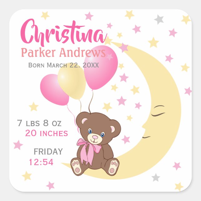 Sticker Carré Teddy Bear assis sur la Lune Baby Birth Statistiqu (Devant)