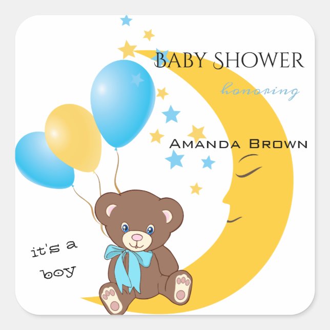 Sticker Carré Teddy Bear assis sur la Lune | Baby Boy Shower (Devant)