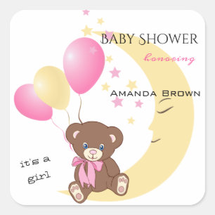 Sticker Carré Teddy Bear assis sur la Lune   Baby Girl Shower