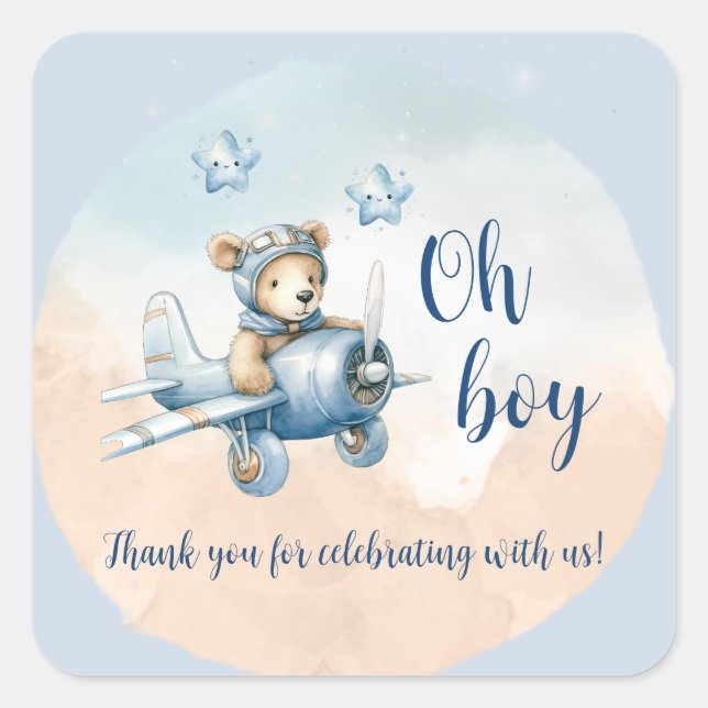 Sticker Carré Teddy Bear Aviator Oh Boy Baby shower (Devant)