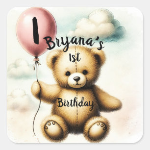 Sticker Carré Teddy Bear Blue Balloon 1er Anniversaire
