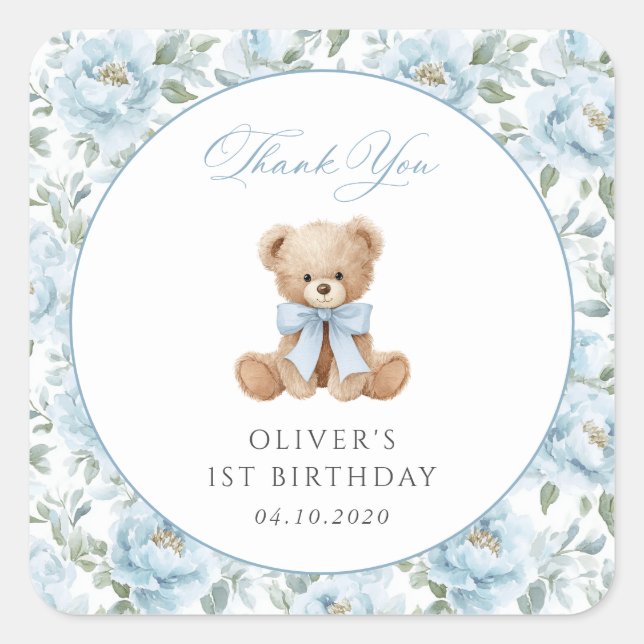 Sticker Carré Teddy Bear, Blue Bow, Blue Flowers, First Birthday (Devant)