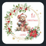 Sticker Carré Teddy Bear Foliage Poinsettia Bébé 1er Noël<br><div class="desc">Ce design présente un ours en peluche de Noël avec chapeau de Père Noël et présente à l'intérieur de la couronne de Noël avec poinsettia,  feuillage verdoyant et baies rouges. Vous pouvez ajuster le texte en fonction de vos besoins.</div>