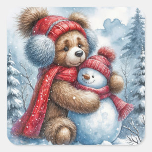 Sticker Carré Teddy Bear frappe un Snowman