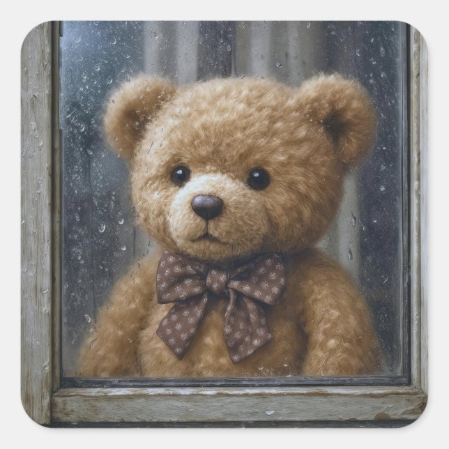 Sticker Carré Teddy Bear Gazing Out of a Rainy Window (Devant)