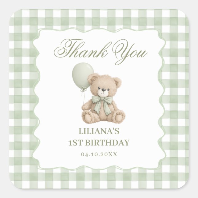 Sticker Carré Teddy Bear Green Birthday  (Devant)
