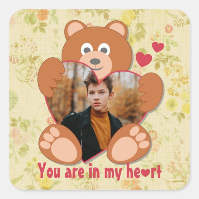 Sticker Carré Teddy Bear Holding Heart Photo Saint-Valentin (Devant)