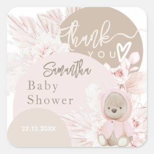 Sticker Carré Teddy Bear Moderne Boho Girl Baby shower Merci