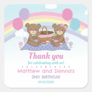 Sticker Carré Teddy Bear Pique-nique Rainbow Twins Garçon Fille