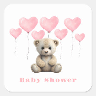 Sticker Carré Teddy Ours rose Ballons Baby shower fille