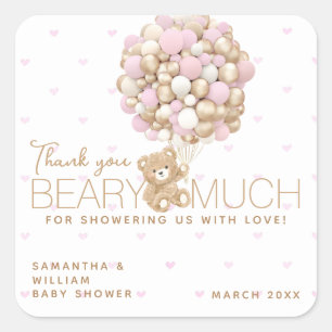Sticker Carré Teddy Ours Rose Coeur & Balloon Baby Girl Douche
