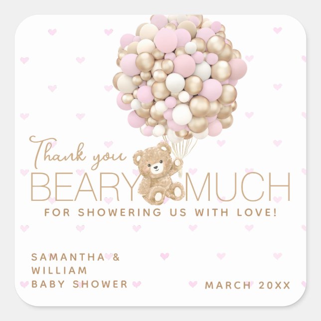Sticker Carré Teddy Ours Rose Coeur & Balloon Baby Girl Douche (Devant)