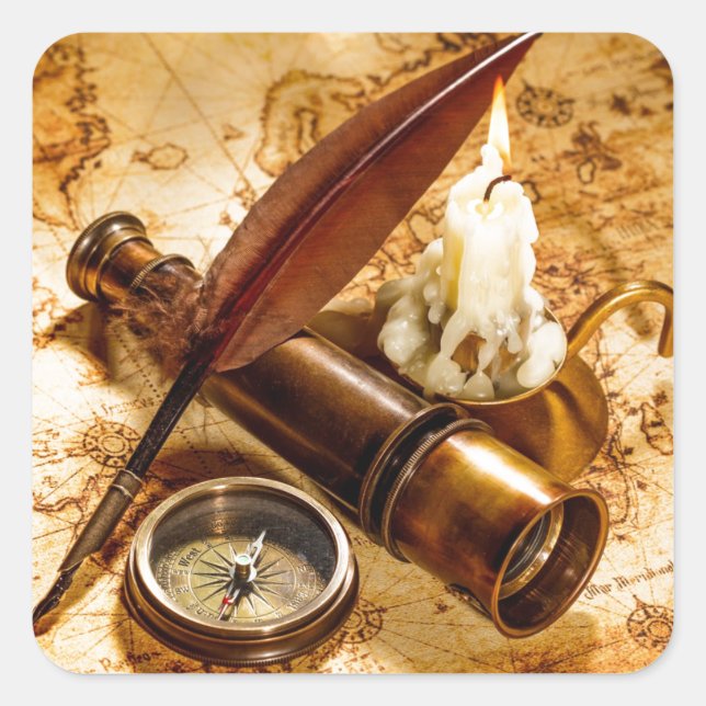 Sticker Carré télescope nautique steampunk compas antique (Devant)