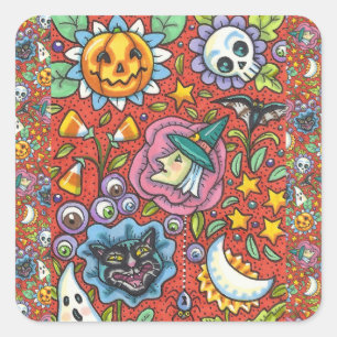 STICKER CARRÉ TÉMOIN, CHAT, GHOST, COLORÉ HALLOWEEN FOLK GARDEN