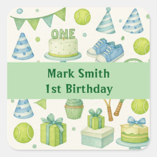 Sticker Carré Tennis 1er Anniversaire pour Garçon Bleu et thème 
