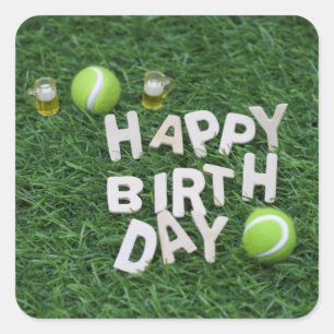 Sticker Carré Tennis Joyeux Anniversaire Avec balle de tennis su
