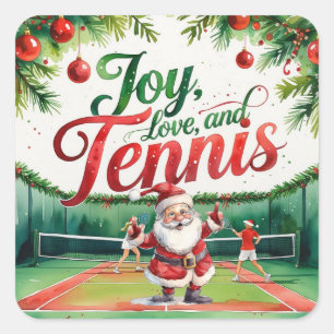 Sticker Carré Tennis Noël thème avec le Père Noël sur le court