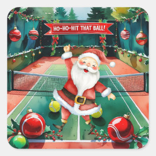 Sticker Carré Tennis Noël thème avec le Père Noël sur le court