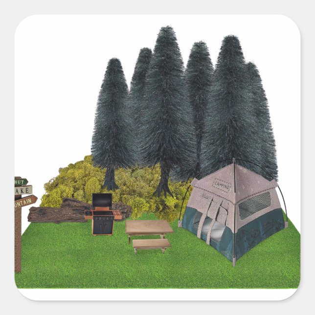 Sticker Carré Tente Camping en Forêt (Devant)