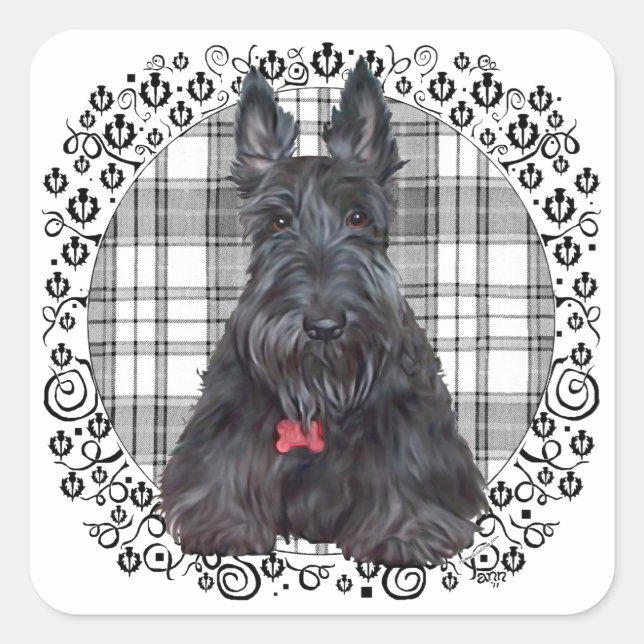 Sticker Carré Terrier Écossais sur Tartan (Devant)