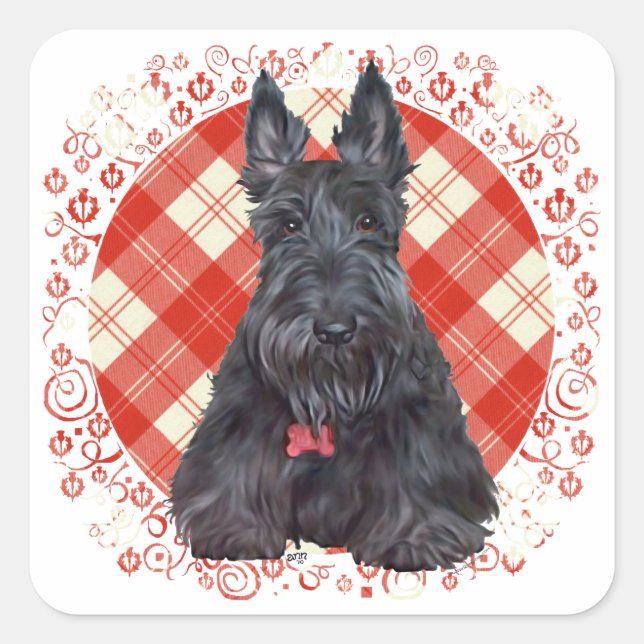 Sticker Carré Terrier Écossais sur Tartan (Devant)