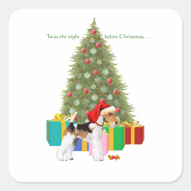 Sticker Carré Terrier Fox à poil dur de Noël (Devant)