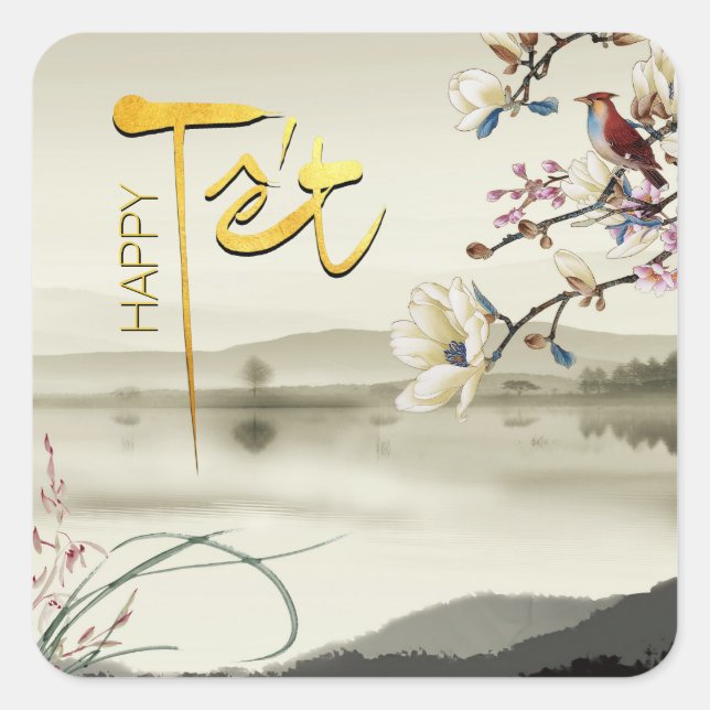 Sticker Carré Tet Hoa Anh Dao Place du Nouvel An vietnamien (Devant)