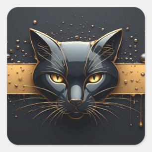 Sticker Carré Tête de chat noir avec design à gouttes d'or 🐈
