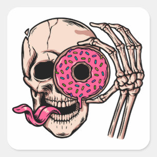 Sticker Carré Tête de crâne avec Donut humour foncé doux et aigr