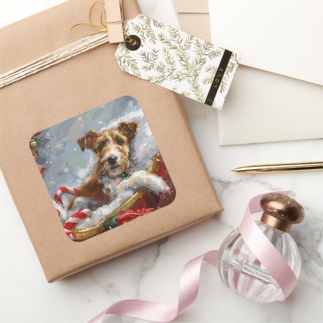 Sticker Carré Tête de Fox Terrier de Noël Festive (Cadeaux)