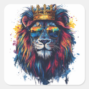 Sticker Carré Tête de lion gras avec lunettes de soleil et couro