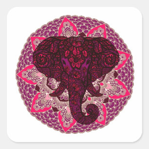 Sticker Carré Tête d'éléphant au henné Mandala Pink Mehndi Tatto