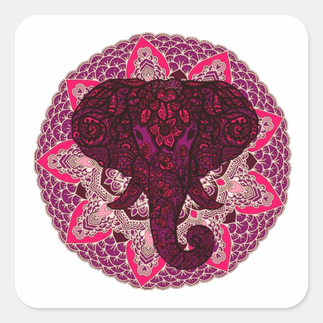 Sticker Carré Tête d'éléphant au henné Mandala Pink Mehndi Tatto (Devant)