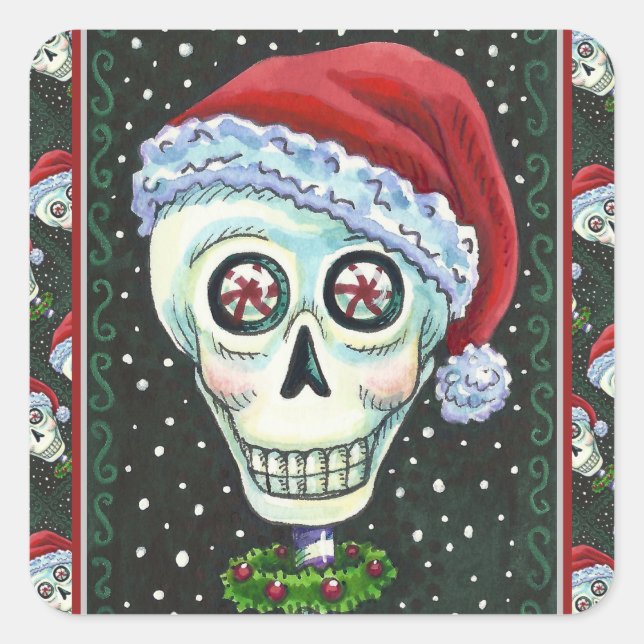 STICKER CARRÉ TÊTE MORTE PÈRE NOËL SKULL, HUMOUR SKELETON DE NOË (Devant)