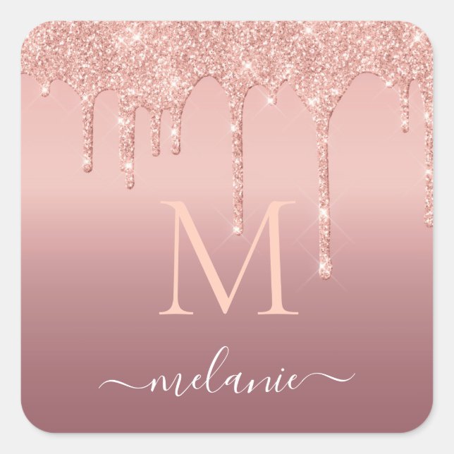 Sticker Carré Texte de nom de monogramme Rose Gold Blush Paillet (Devant)