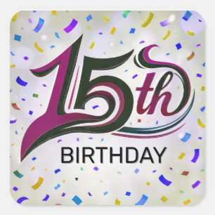 Sticker Carré Texte du 15e anniversaire avec Confetti de fête