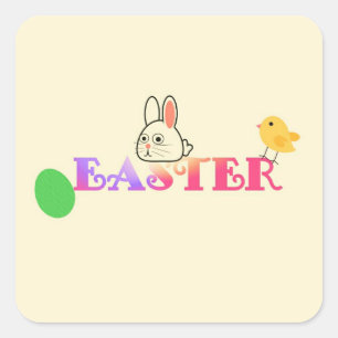 Sticker Carré Texte, lapin et chic thème de Pâques