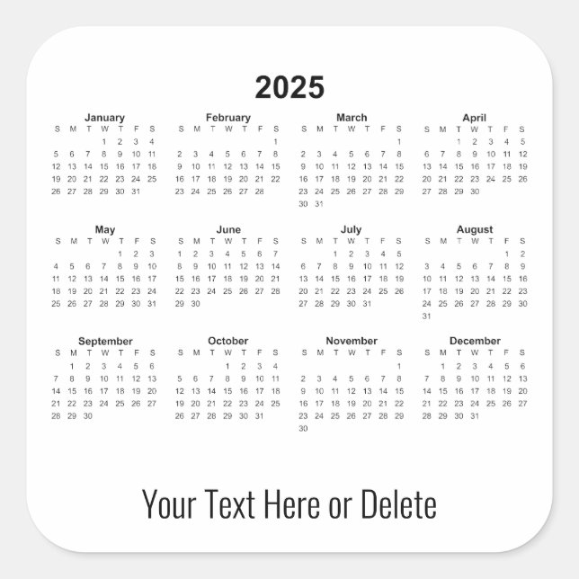 Sticker Carré Texte personnalisé 2025 au calendrier mensuel infé (Devant)