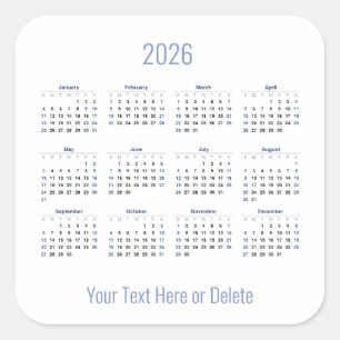 Sticker Carré Texte personnalisé 2026 au calendrier mensuel infé