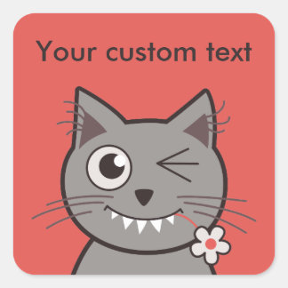 Sticker Carré Texte personnalisé Drôle Winking Cartoon Kitty Cha