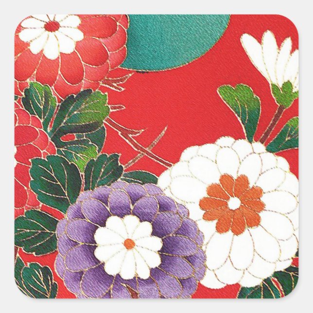 Sticker Carré Textile japonais vintage - Dahlias rouges (Devant)