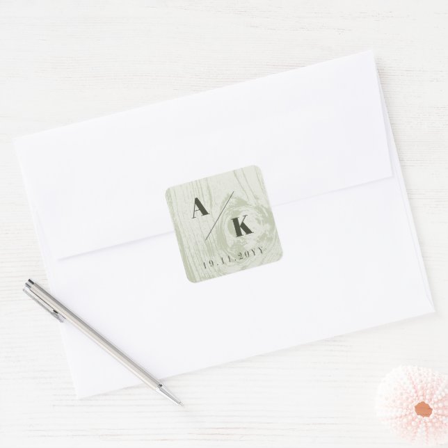Sticker Carré Texture de bois rustique vert Mariage de printemps (Enveloppe)